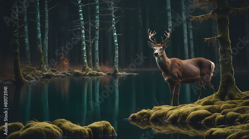 minimal, cinematic, a deer among the trees, forest lake, moss, cold weather, dark teal and amber, Sony A7 IV