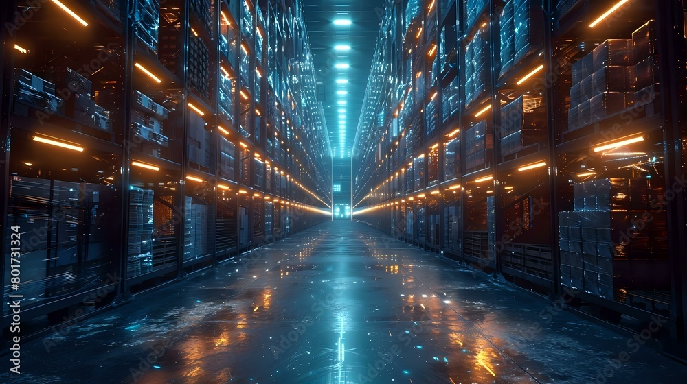 Futuristic Warehouse Atmosphere with High-Tech Technology and Digital Overlay