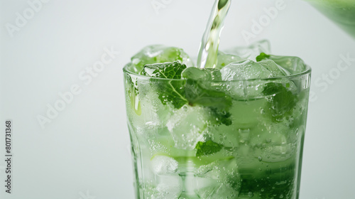 Close-up of Refreshing green and mint Juice with Ice