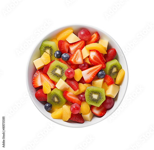 Assorted fresh fruit salad with kiwi, strawberries, oranges, blueberries and red currants in a white bowl, top view. Generative AI