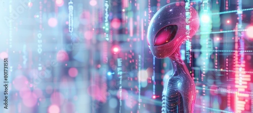 Alien on virtual space background. Generative AI technology. photo