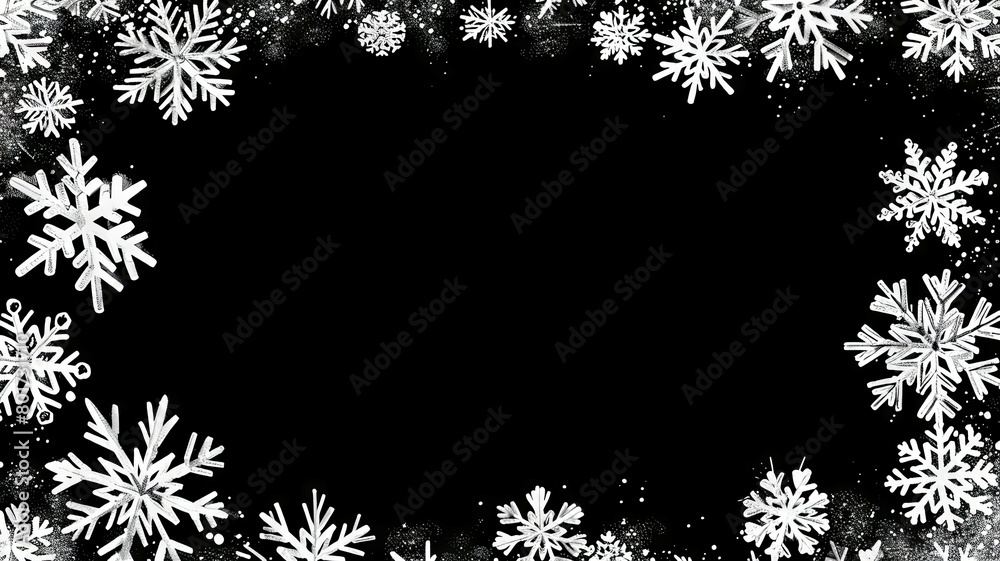 Dark background with large white snowflake pattern - A collection of large white snowflakes dominates the black space, wintery feel Dark background with large white snowflake pattern - A collection of large white snowflakes dominates the black space, wintery feel