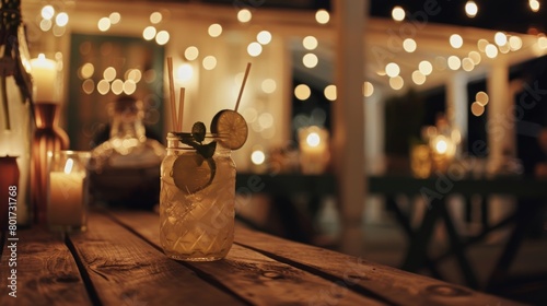The soft glow of string lights highlights the warmth and coziness of the intimate mocktailmaking date night setting. photo