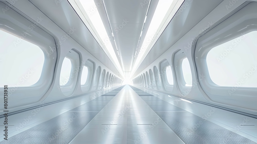 Obraz premium Futuristic spaceship corridor with lights - A straight perspective view of a futuristic spaceship corridor with illuminated path inviting a journey