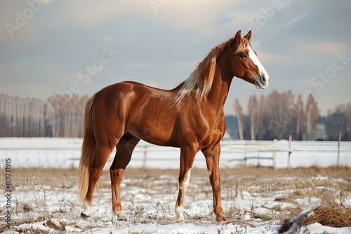 Chestnut horse in snowy landscape looking away - A solitary chestnut horse with a blond mane gazes into the distance in a tranquil  snowy landscape