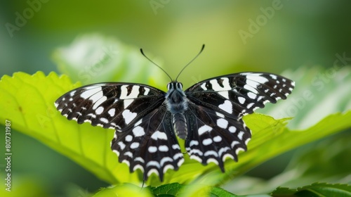 Macro black and white patterned butterfly (Neptis Hylas) Perched on a green leaf.