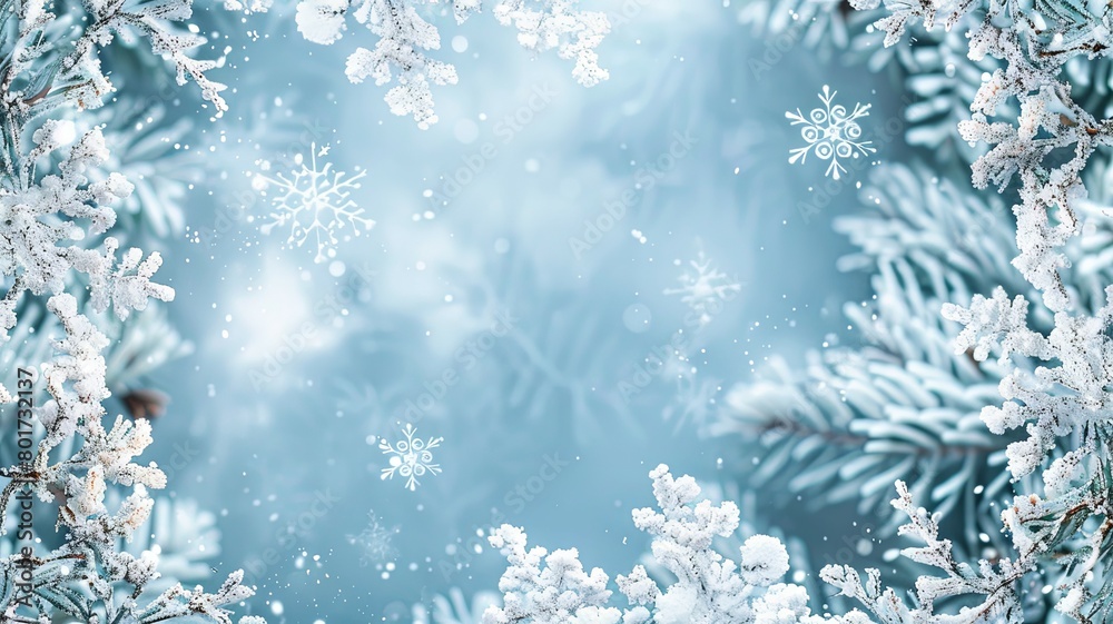 Wintry scene with frosty pine branches - Blue wintry scene with close up of frosty pine branches and falling snowflakes Wintry scene with frosty pine branches - Blue wintry scene with close up of frosty pine branches and falling snowflakes