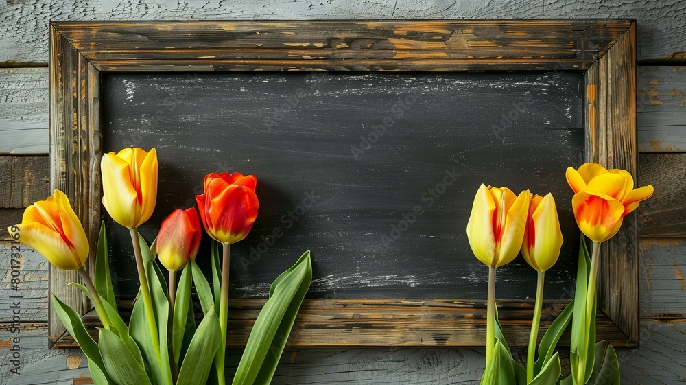 Obraz premium Tulips framing a blank chalkboard sign - Bright tulips frame a dark chalkboard sign, perfect for customized messages and occasions