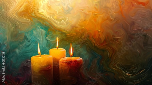 The vibrant colors of the artwork seem to come alive in the gentle flickering light of the candles. 2d flat cartoon.