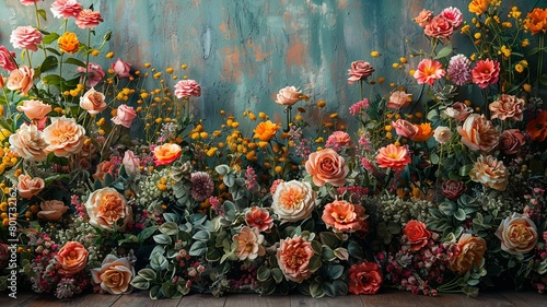 Lush floral arrangement on rustic background - Burst of diverse flowers and greenery set against a distressed wooden backdrop brings life to any space