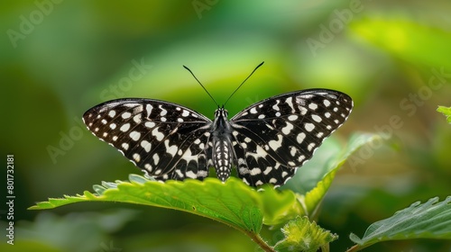 Macro black and white patterned butterfly  Neptis Hylas  Perched on a green leaf.
