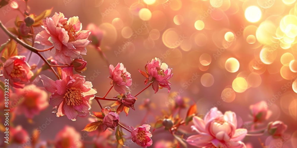 Close-up of pink cherry blossoms with soft bokeh and sun flare, highlighting the beauty of spring.