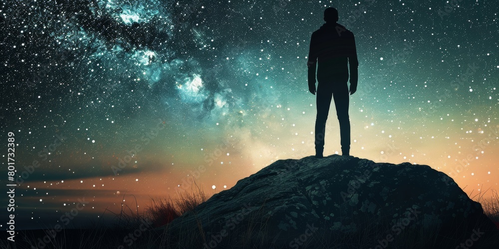 Silhouette of a man standing on a rock, gazing at the vast starry night ...