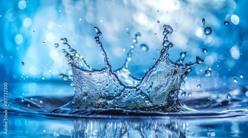 Crisp and dynamic water splash captured against a serene blue background, symbolizing freshness and purity.