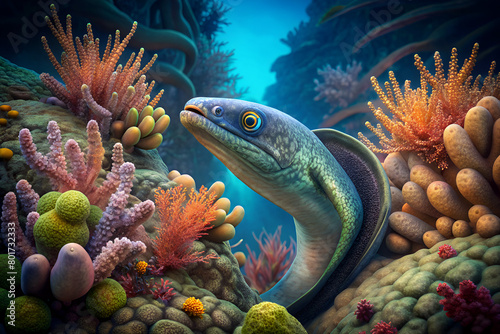 eel fish surrounded by beautiful coral photo