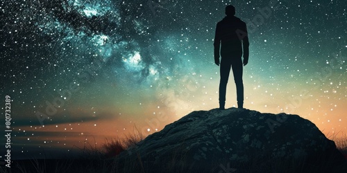 Silhouette of a man standing on a rock, gazing at the vast starry night sky. photo