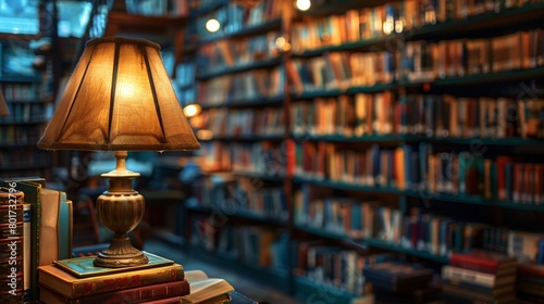 Antique lamps illuminating cozy bookstore aisles, setting the mood for reading enthusiasts.