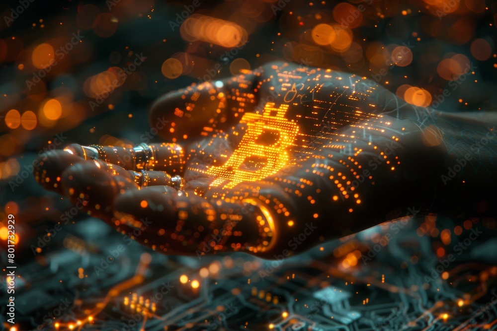 Glowing bitcoin symbol emerging on hand, digital currency concept - Representing cryptocurrency, innovation, and financial technology