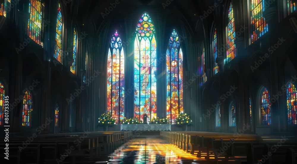dark cathedral with stained glasses dark cathedral with stained glasses