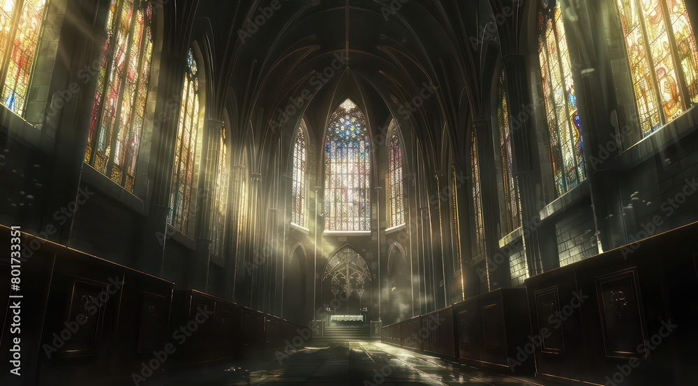 dark cathedral with stained glasses dark cathedral with stained glasses