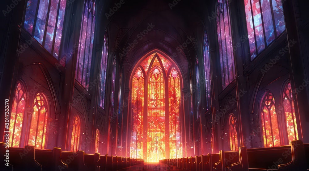 dark cathedral with stained glasses