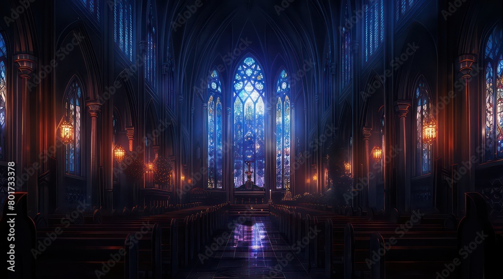 dark cathedral with stained glasses