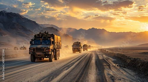 Army Convoy Crossing a Conflict Zone, Realism in Military Exercises photo