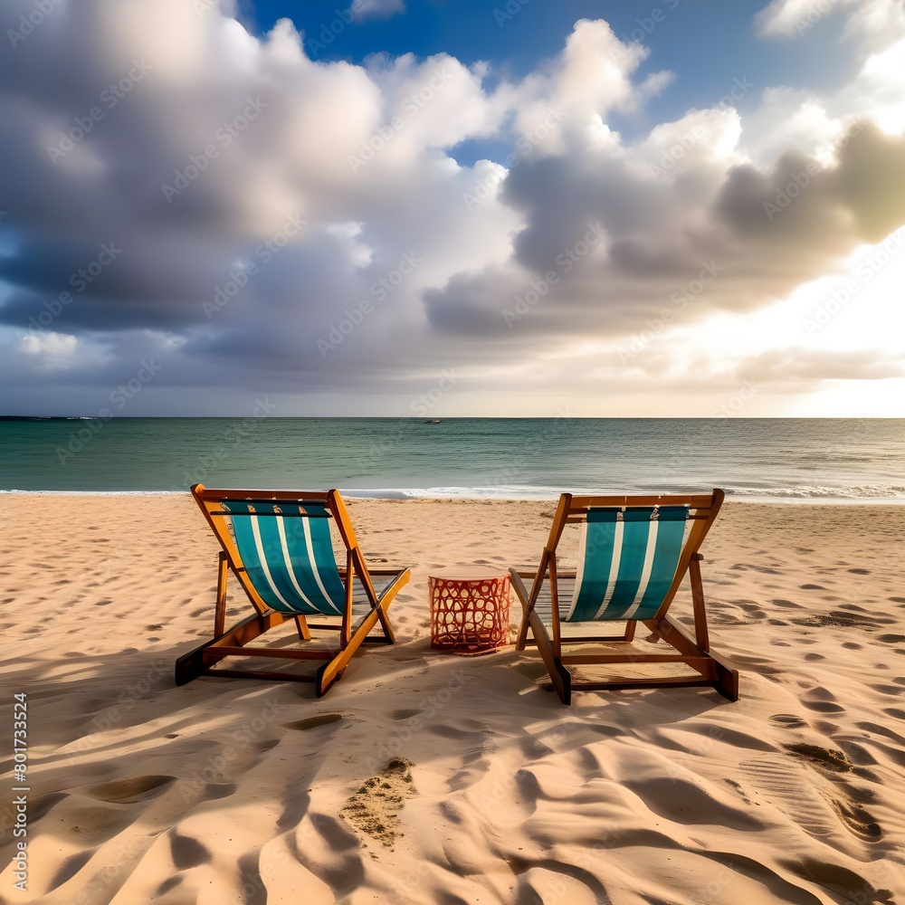  two empty deck chairs set up on a sandy beach in front of the ocean