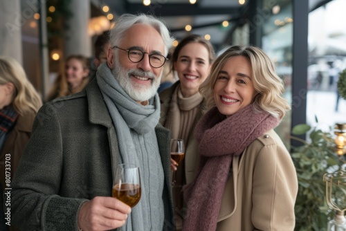 cheerful mature couple with glasses of champagne at christmas party