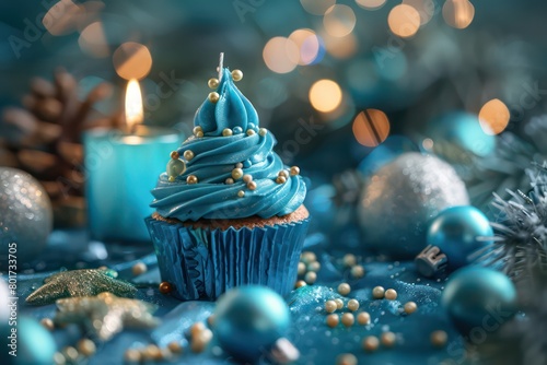 blue cupcake wrapper, adorned with a candle and sprinkles photo