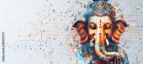 Ganesha lord of wisdom statue with copy space technology background. Hindu religion concept. Generative AI technology.	
 photo
