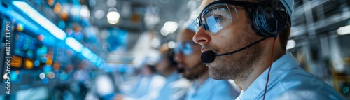 Image of engineers wearing headsets and monitoring space mission progress in a hightech facility
