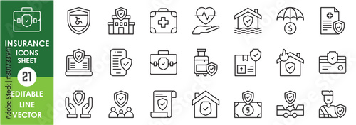 Outline icons set related to insurance. Vector, simple thin line icons collection.