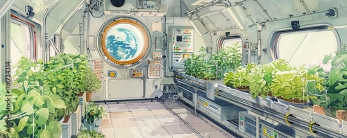 Simulation image of a space habitat module where astronauts grow food and conduct life science research