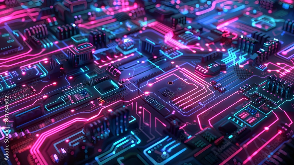 High-tech circuitry with colorful neon illumination - Showcasing a high-tech circuitry system, the image is illuminated with colorful neon lights representing data flow and electronic activity