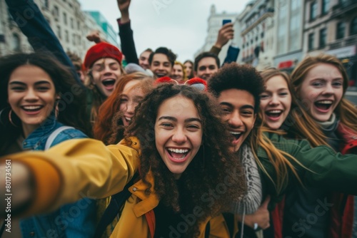 Group of young people taking selfie on the street. Group of friends having fun together. © Iigo