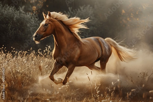 Majestic horse galloping in the golden field - The golden tones and dynamic motion capture the free spirit and wild beauty of the horse in its natural environment