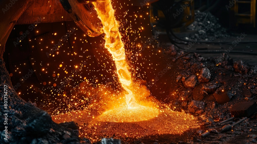 Fototapeta premium Light from high temperature Iron molten metal pouring in green sand mold Foundry process to manufacture cast product for automotive and electrical, industrial engineering metallurgy background