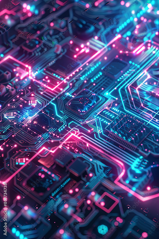 Detailed circuit board with light pathways - This detailed view of a circuit board's pathways illuminated with vibrant light streams depicts technological sophistication Detailed circuit board with light pathways - This detailed view of a circuit board's pathways illuminated with vibrant light streams depicts technological sophistication