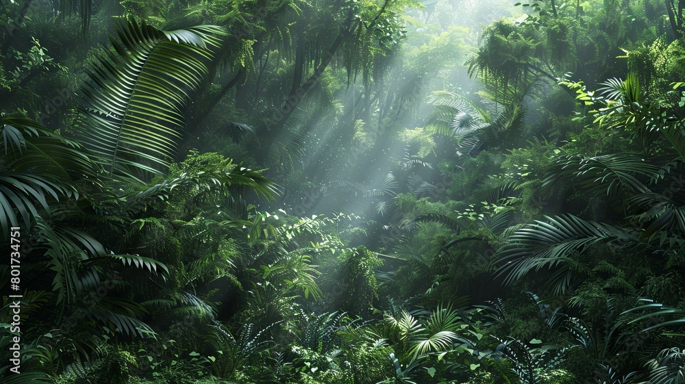 Dense green foliage in a tropical forest - This image features lush greenery of a dense tropical forest with rays of light filtering through the leaves Dense green foliage in a tropical forest - This image features lush greenery of a dense tropical forest with rays of light filtering through the leaves