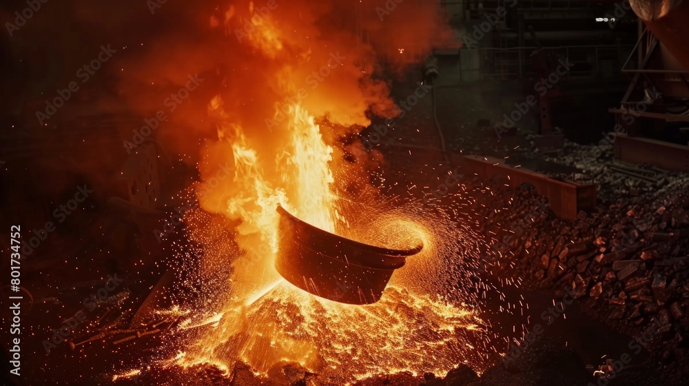 Fototapeta premium Light from high temperature Iron molten metal pouring in green sand mold Foundry process to manufacture cast product for automotive and electrical, industrial engineering metallurgy background