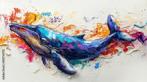 Colorful whale artwork with paint splashes - This vibrant painting captures the majestic form of a whale with dynamic strokes and splashes of colorful paint