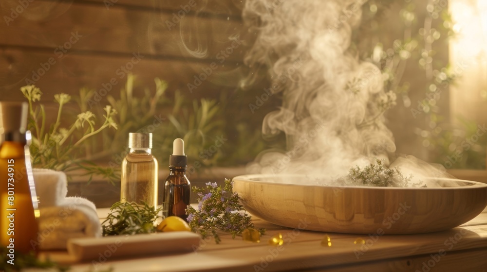 The steam swirls around a sauna organizer as they carefully lay out detoxifying herbs and oils ready for a postfestivity sauna session..