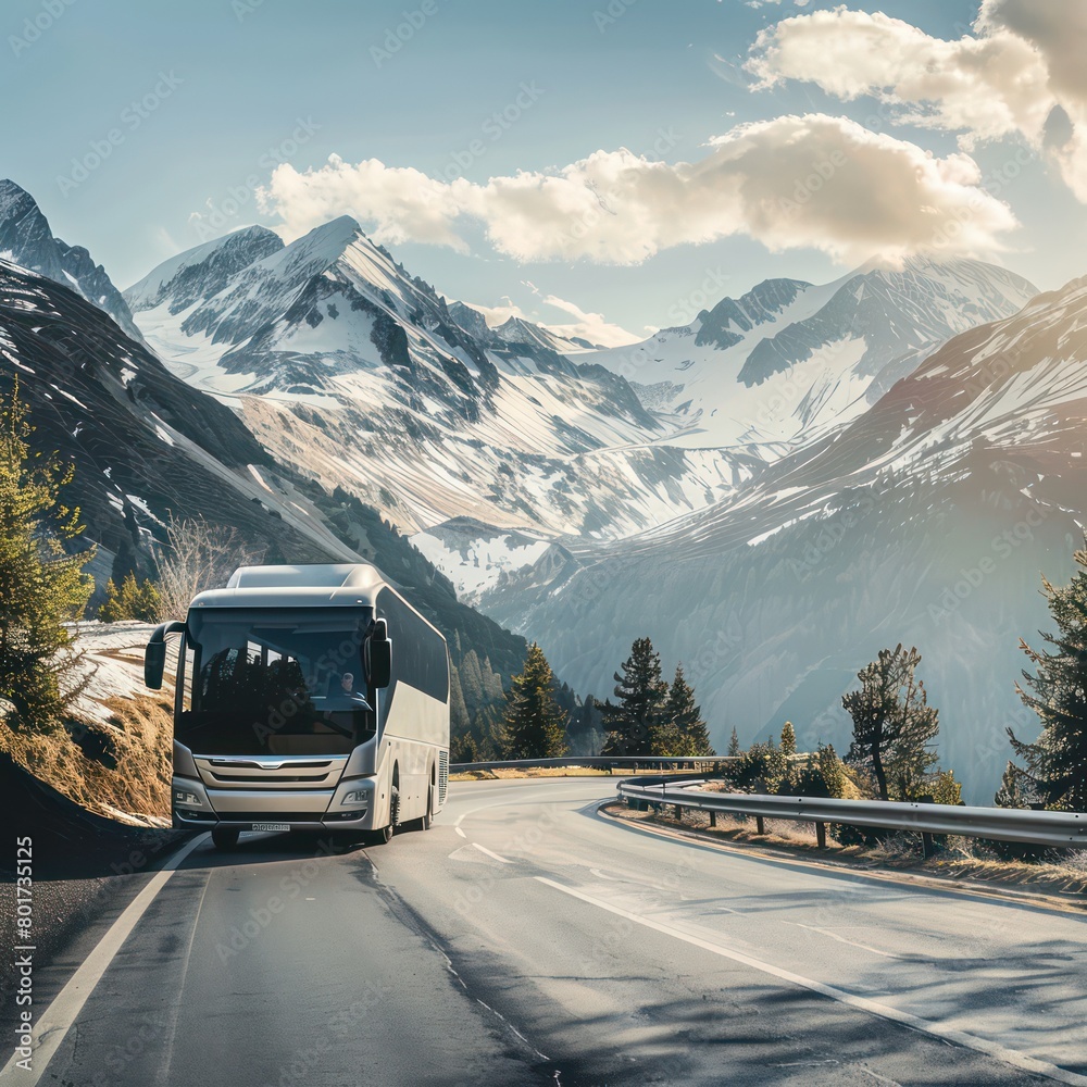 modern bus, mountain road landscape