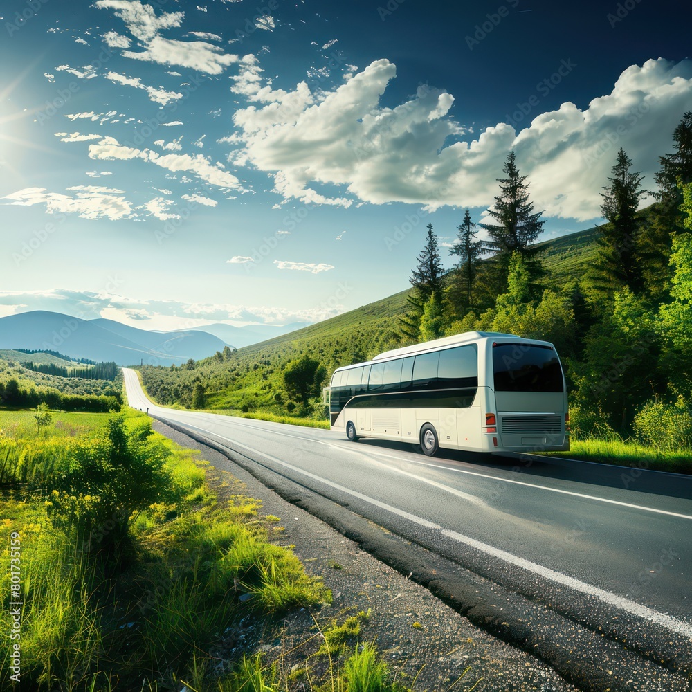 modern bus, mountain road landscape