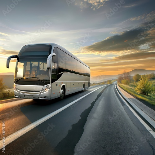 modern bus, mountain road landscape