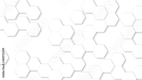 3D Futuristic abstract honeycomb mosaic white background. geometric mesh cell texture. White  technology background with hexagon pattern. Abstract geometric shape technology digital hi-tech concept. (ID: 801735309)