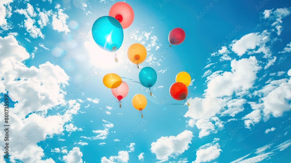 multiple colorful balloons flying on a blue sky with white clouds