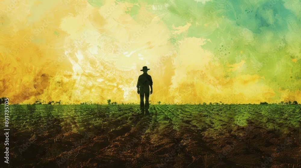 Fototapeta premium climate change concept silhouette of farmer in contrasting green and barren field digital painting