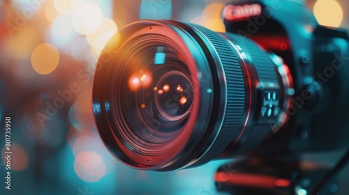 closeup of professional video camera lens with lens flare filmmaking and videography concept photo